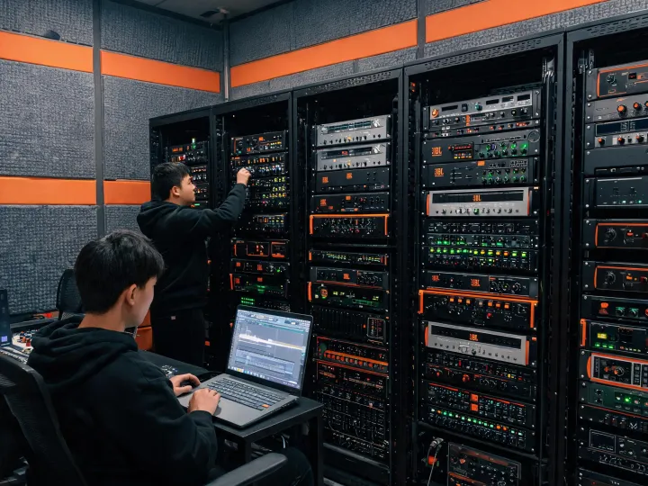 DSP and amplifier rack for a JBL Professional venue system