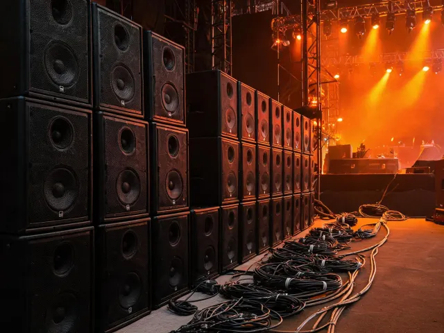 Subwoofer stack at a live event stage