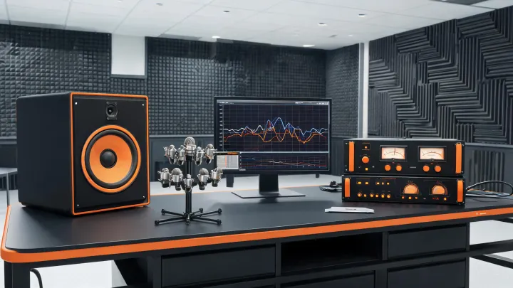 Professional audio innovation bench with loudspeaker testing equipment